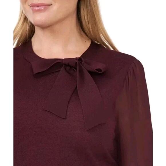 Cece New Women’s Tie Neck Sheer Long Sleeve Sweater Dress Burgundy Plus Size 1X - Picture 2 of 13